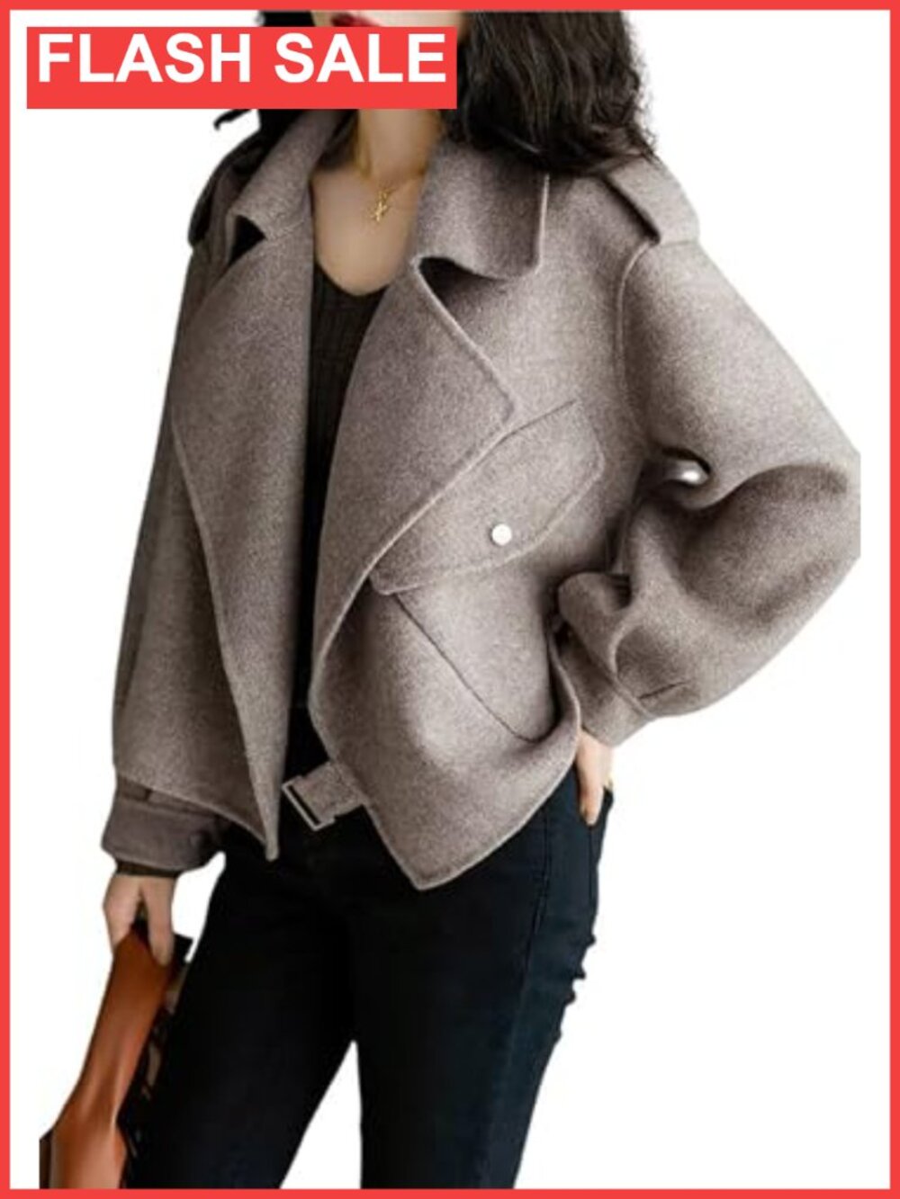Cropped Wool Blend Pea Coat Notched Lapel Open Front Women's Trench Overcoat